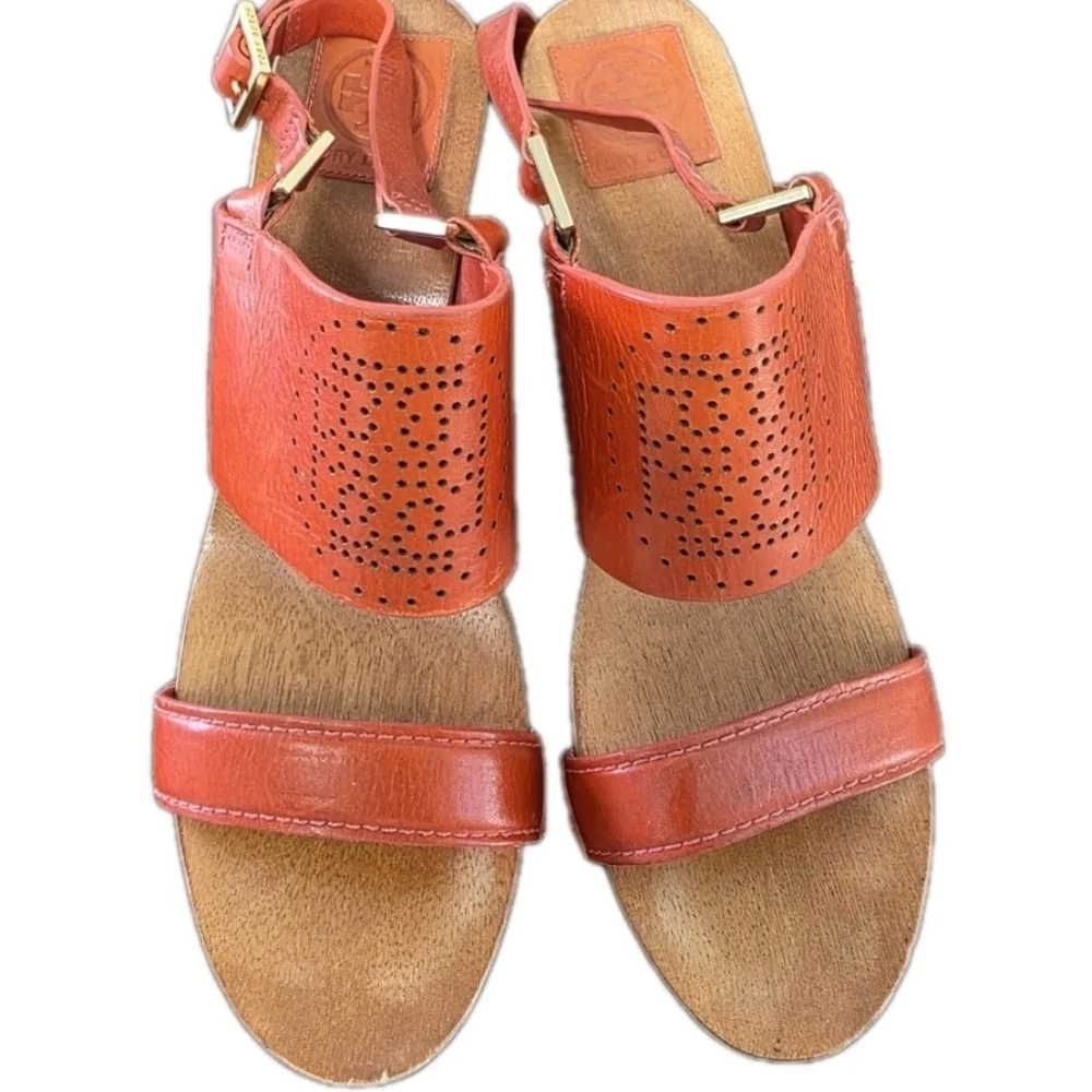 Tory Burch Womens Orange Gold  Leather Wooden Wedge Sandals Size 9 Boho TN Vols - Picture 10 of 13